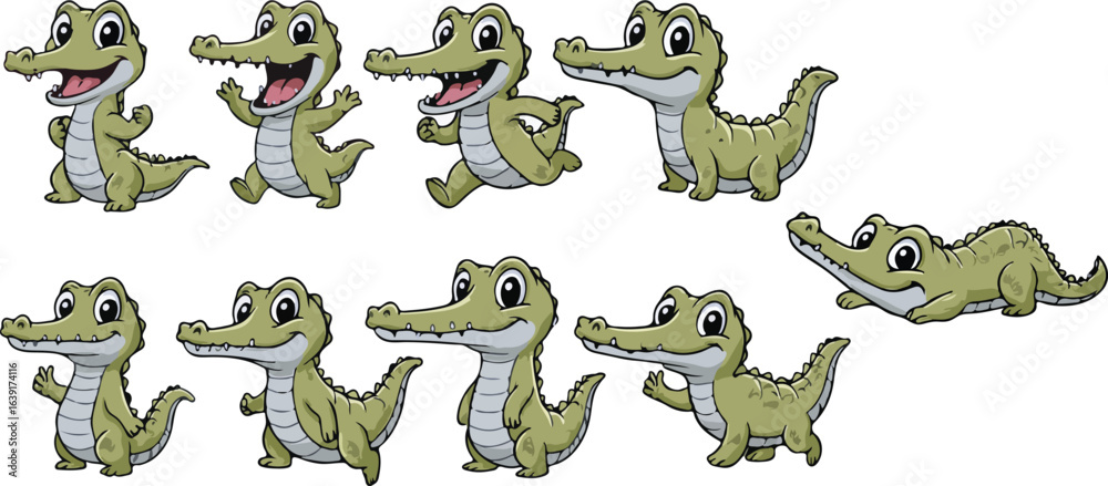 Fototapeta premium vector illustration of gharial crocodile alligator reptile funny cute cartoon mascot character cartoon with 9 poses 