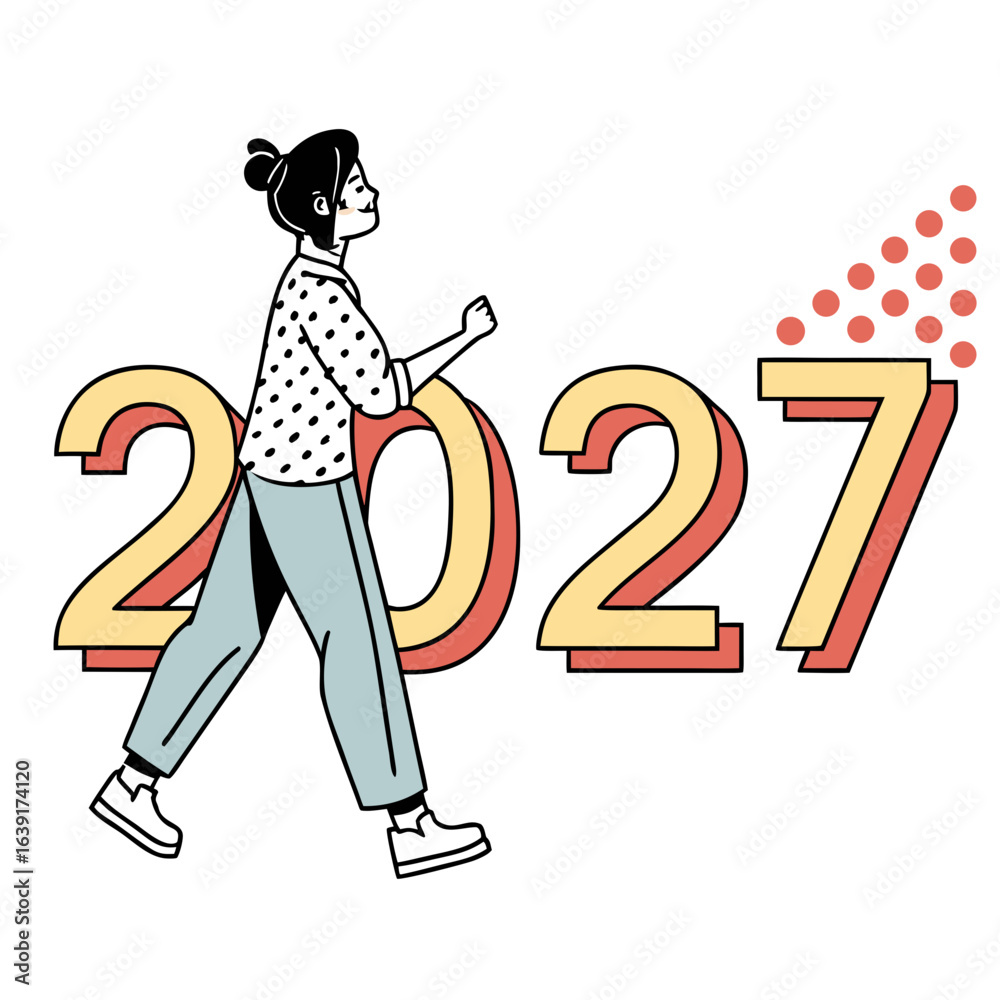 Fototapeta premium Woman walking towards the year 2027 with a hopeful expression