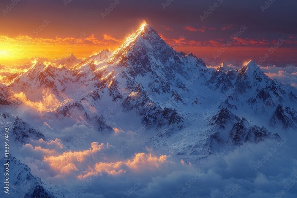 Obraz premium Snow-covered mountain peak glowing in warm sunlight above a sea of clouds at sunset with a dramatic colorful sky