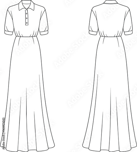 Cad drawing flat vector illustration of maxi dress, fashion technical sketch, polo collar, short sleeve dress, front and back view.