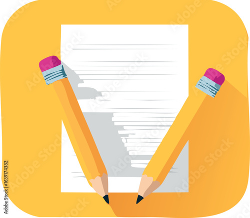 Vector illustration of a pencil placed on a notepad with yellow background