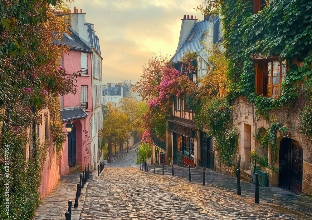 Fototapeta premium Charming sunlit cobblestone street lined with colorful old houses and lush greenery in a peaceful neighborhood during golden hour