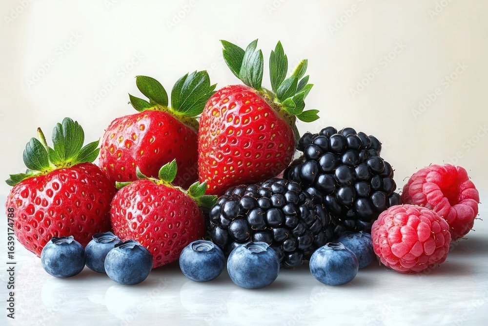 Fresh assortment of strawberries, blackberries, blueberries, and raspberries arranged on a white surface with natural lighting Fresh assortment of strawberries, blackberries, blueberries, and raspberries arranged on a white surface with natural lighting
