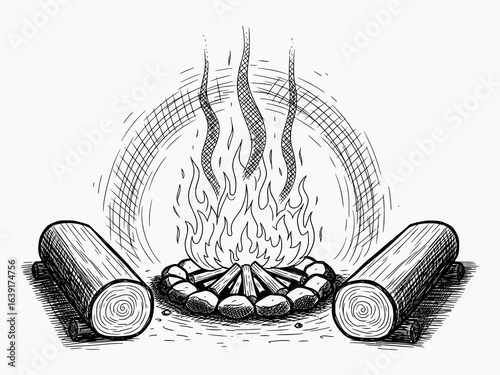 Line art illustration of a campfire with logs and stone ring. Pen and ink sketch, vintage style, isolated design element for outdoor themes.