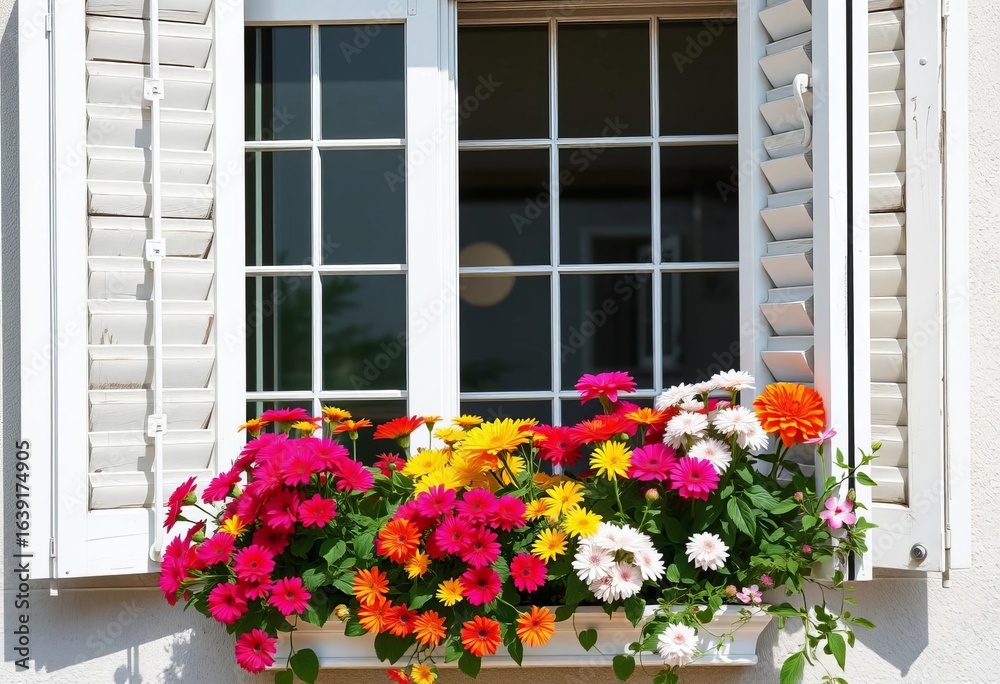 Fototapeta premium White window with open shutters, vibrant flowers in window box, exterior, spring