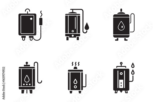 Set of Black Isolated Water Heater Icons on White Background Depicting Various Heating System Designs