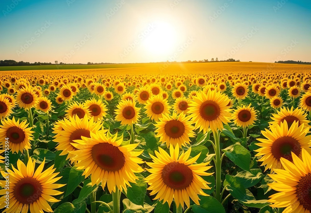Fototapeta premium Vast sunflower field under bright sun, vibrant yellow blooms, lush green landscape, image, yellow