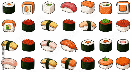 A variety of sushi arranged, ready to be enjoyed.