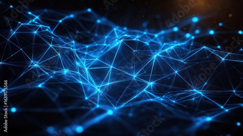 Glowing blue interconnected points and lines forming a dynamic digital network grid on a dark background with a warm light glow
