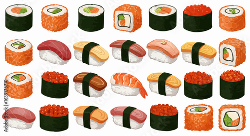 A collection of fresh and colorful sushi rolls and nigiri.