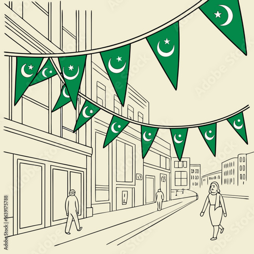 Minimilist street scene with people walking under green flags with crescent moon and star decorations hanging above vector
