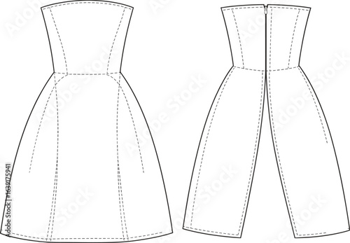 Cad drawing flat vector illustration of strapless evening gown dress with fitted bodice and flared skirt, back zipper closure, formal women’s fashion design