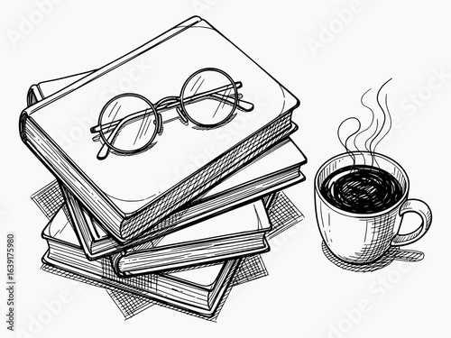 Line art illustration of stacked books, eyeglasses, and coffee cup. Vintage sketch design element for editorial or education.