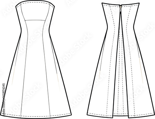 Cad drawing flat vector illustration of strapless fitted A-line dress with back zipper, women’s formal gown design, elegant fashion flat sketch