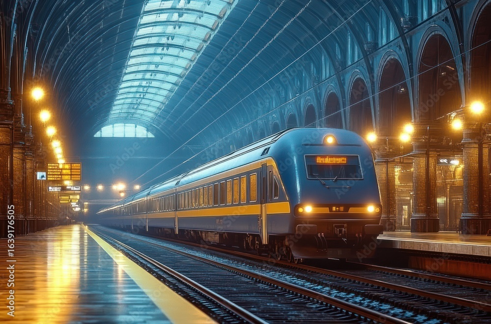 Fototapeta premium Modern passenger train arriving at a spacious, beautifully lit train station with a high arched glass ceiling and classic architectural details during twilight