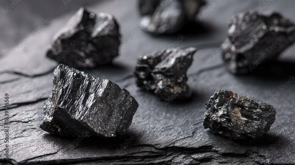 Naklejka premium Raw cobalt mineral crystals on the black shale exhibit metallic reflections, showcasing strategic mineral resources and industrial clean energy materials.