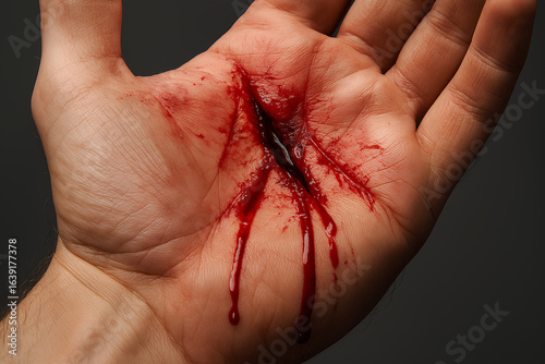 A bloody, deep gash across a person's palm, profusely bleeding.