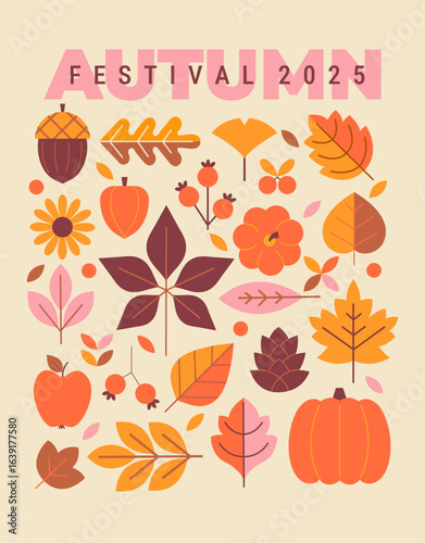 Autumn isolated leaves for fall festival 2025. Symbols of autumn- rowan berries, pumpkin,apple, acorn, sunflower for harvest festival or Thanksgiving day. Fall collection for your design. Vector