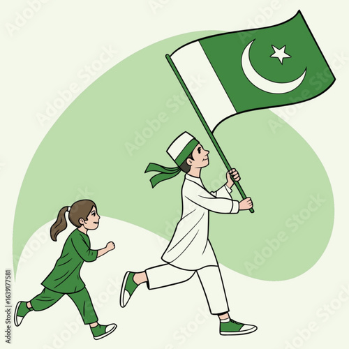 Minimilist children running with pakistan flag celebrating independence day with patriotic fervor and joy depicted vector