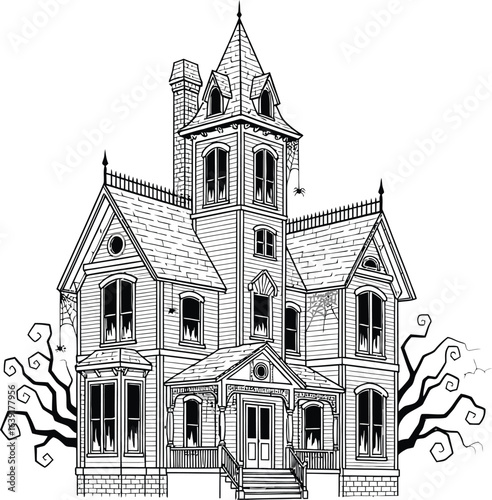 Detailed sketch of a haunted victorian mansion isolated on white background, evoking a spooky and eerie atmosphere with its intricate architectural details