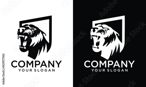 Creative  Roaring Black Panther Cheetah Tiger Lion With Shield Secure Protect Badge Logo Design
