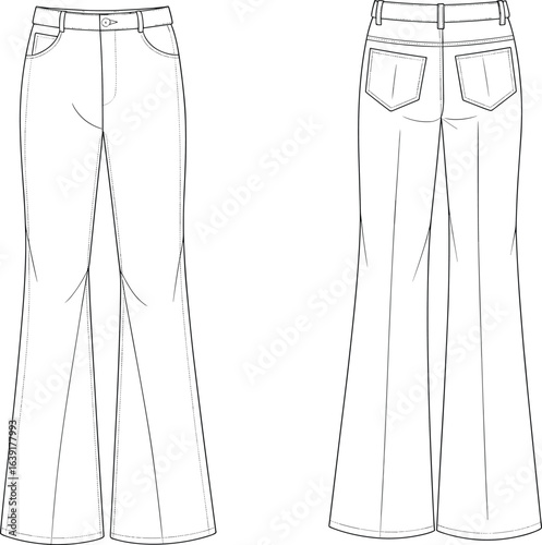 Cad drawing flat vector illustration of women’s wide-leg jeans pants with front pockets and back patch pockets, belt loops, casual denim fashion design