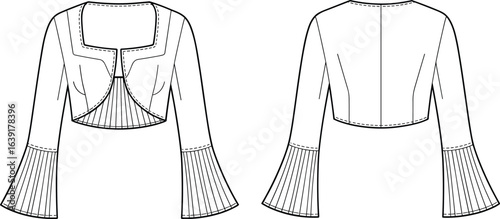 Cropped jacket flat sketch, pleated sleeve bolero, fitted jacket CAD, fashion technical drawing, dramatic cuff short coat illustration