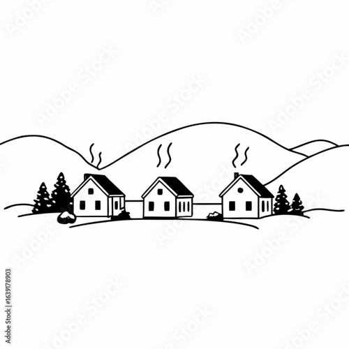 Minimilist three houses with smoke rising from chimneys in a landscape with hills and trees illustration vector