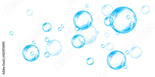 Blue soap bubbles, liquid sphere, foam freshness, underwater floating, vibrant dew, abstract shine, washing concept.