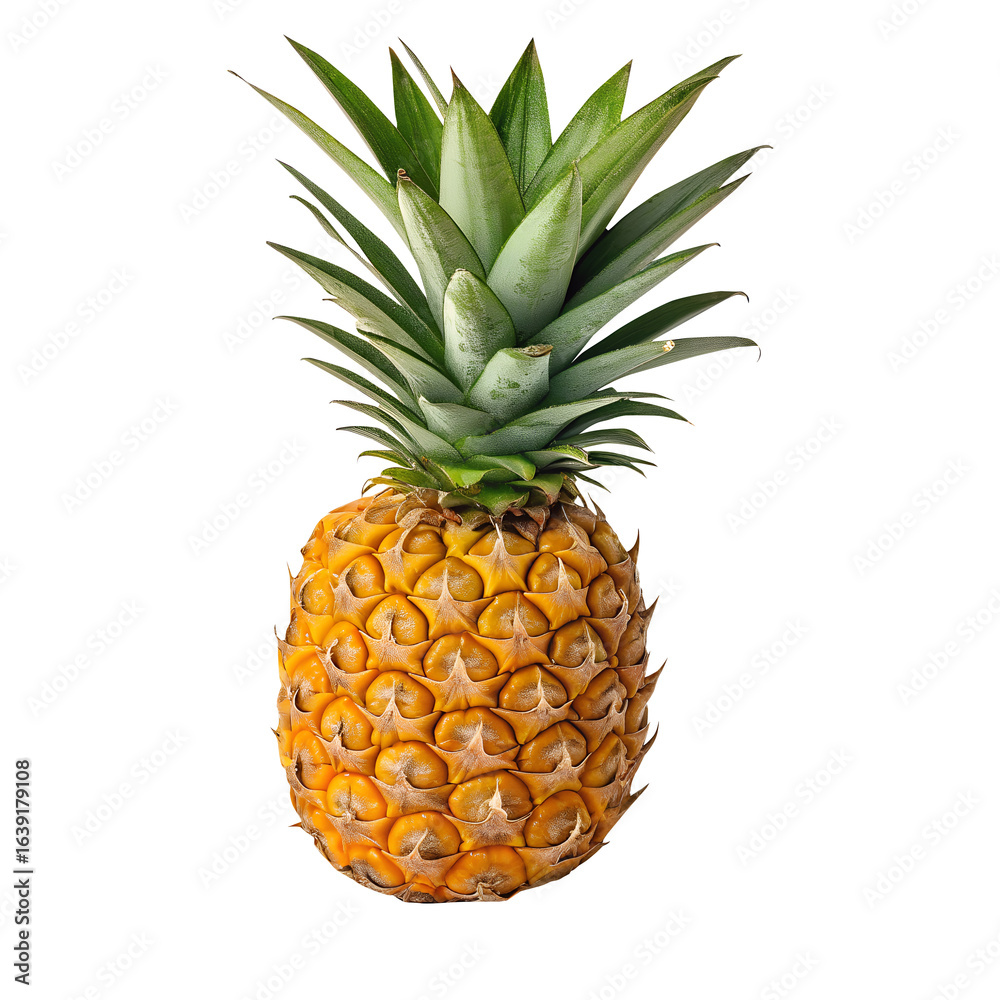 Fototapeta premium Whole ripe pineapple with green leafy crown against a black background