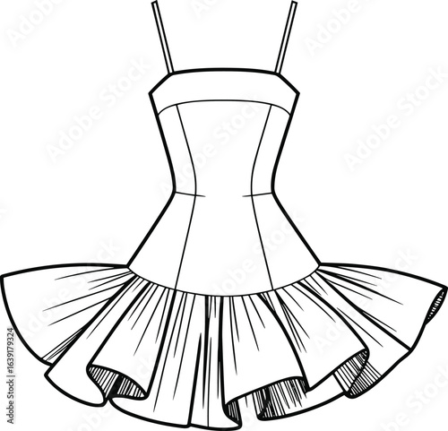 Fit and flare dress flat sketch, sleeveless dress with fitted bodice and flared ruffled skirt, spaghetti straps dress, women's fashion technical drawing, garment front view illustration