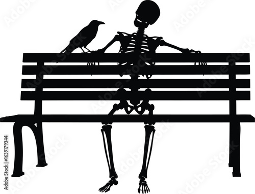 A skeleton sits on a park bench with a crow perched on the back, isolated on white background, a spooky and gothic halloween illustration