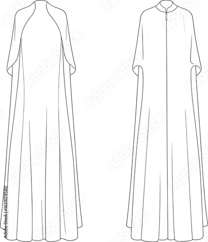 Kaftan abaya CAD drawing, front and back view, technical fashion sketch, flat vector illustration, modest wear design, garment template