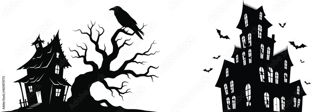 Fototapeta premium Silhouette of spooky haunted houses with a crow perched on a bare tree, creating a chilling and eerie atmosphere, isolated on white background