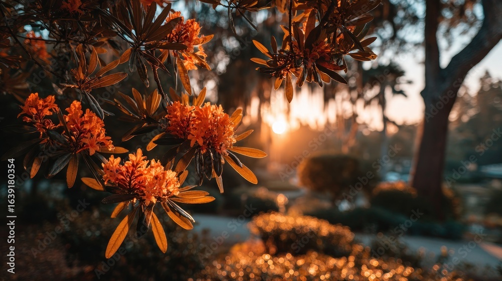 Sunset glow on orange flowers Sunset glow on orange flowers