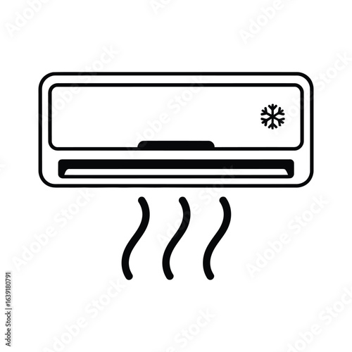 Air conditioner unit icon with a cooling snowflake symbol and airflow, simple black and white vector line art illustration for climate control.