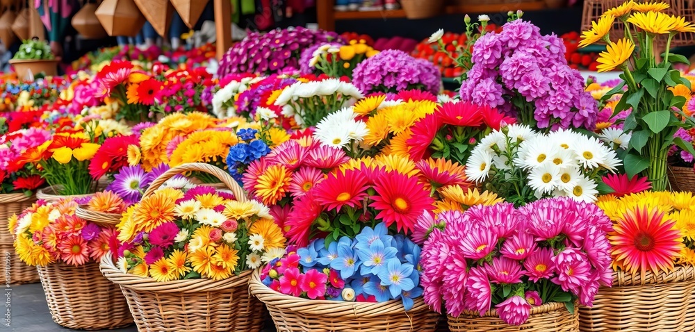 Fototapeta premium Vibrant blooms in woven baskets, overflowing with color at an African market, arrangement, trade