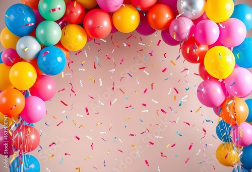 Vibrant balloon arch with confetti and streamers, festive birthday backdrop,  pink,  festive