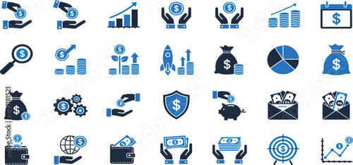 Financial profit line icon set. Containing Money income, money savings, earnings, money, cash, investment, financial growth and more. Editable stroke. Vector illustration