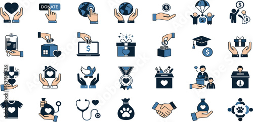 Charity and Donation line icon set. Contain icons related to Help, volunteer, donated, assistance, sharing, solidarity, and more. Linear icon collection. Editable stroke. Vector illustration