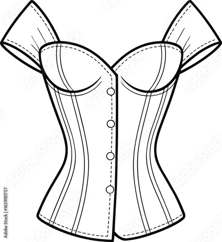 Off-shoulder corset top sketch, sweetheart neckline, front button closure, fitted waist, structured boning, fashion flat drawing, CAD design
