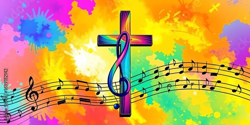 Vibrant cross with musical notes & staff, colorful vector illustration for gospel music, spirit, song