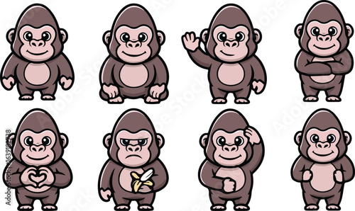 vector illustration of gorilla primal chimpanzee orangutans funny cute cartoon mascot character cartoon with 8 poses 01