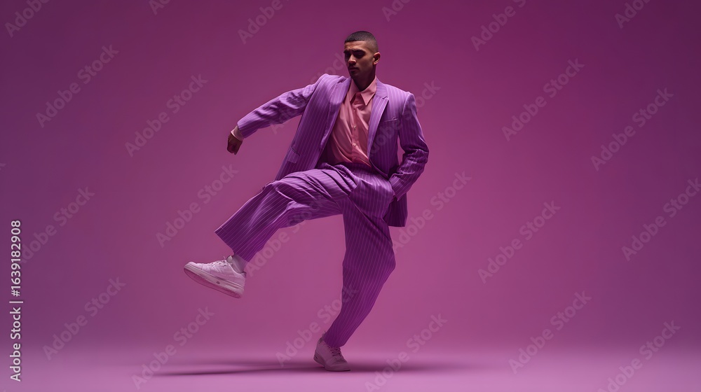 Fototapeta premium Stylish man in a purple pinstripe suit and pink shirt strikes a dynamic frozen-motion pose.