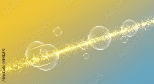 An abstract composition featuring glowing bubbles and a stream of golden particles against a gradient.