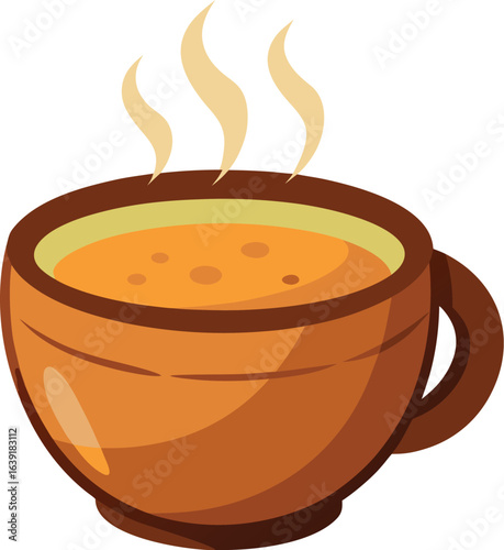 Clay cup with chai beverage on white background