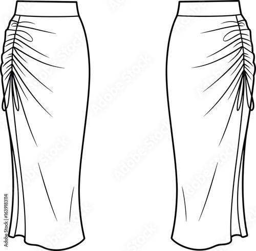 Ruched midi skirt flat sketch, side drawstring skirt, fitted skirt CAD, fashion technical illustration, bodycon drape skirt design