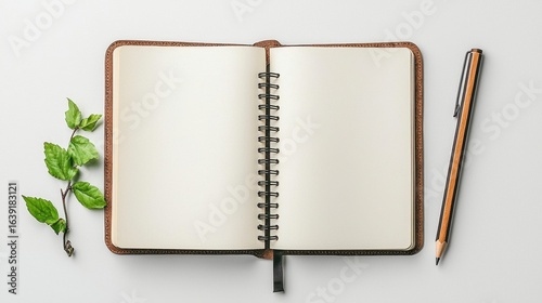 Blank Notebook with Pencil and Sprig on Gray Surface, Generative AI