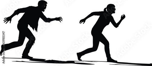 Silhouette of a man and woman running away from zombies isolated on white background halloween horror movie concept with scary undead creatures