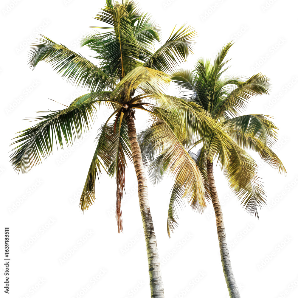 Obraz premium Tropical Palm Trees Swaying in Breeze, Beach Background, Vacation Poster